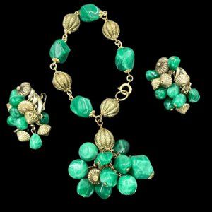 Vintage Trifari Green Lucite Dangling Charm Bracelet Earring Set